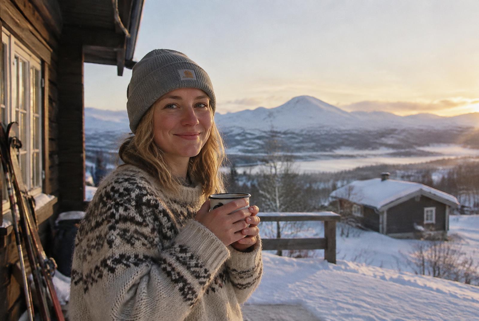 Kvinna med kaffe utanför en fjällstuga i Hemavan
